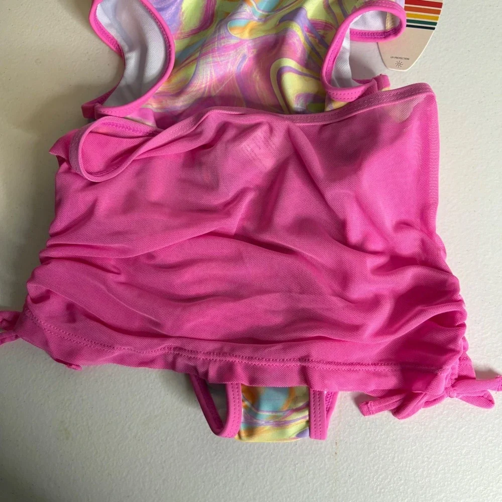 Ocean Pacific Girls 6 Pink Marble Cut Out One Piece Swimsuit with‎ Mesh Skirt